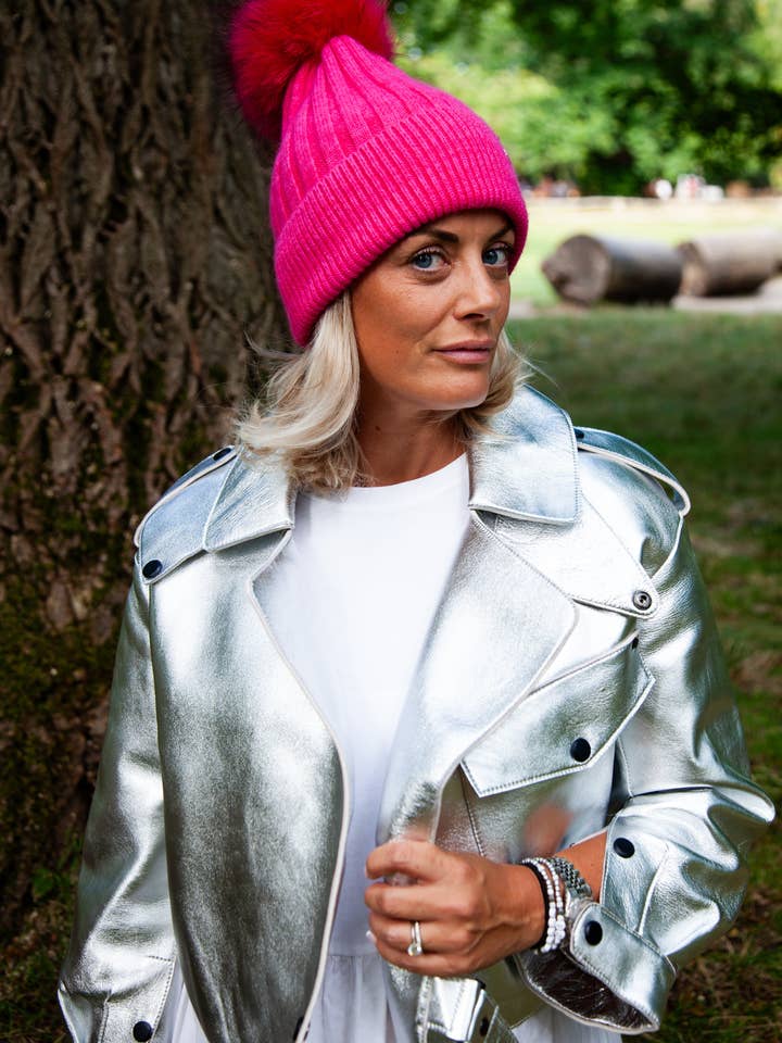 Adults Hot Pink Angora Beanie Hat with matching Pom for wholesale by Popski London