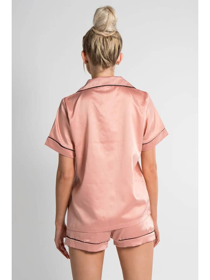 Femme Luxe – wholesale Sleepwear set – Women's – Rose Piped Satin Shorts Pyjama Set - Crystal3