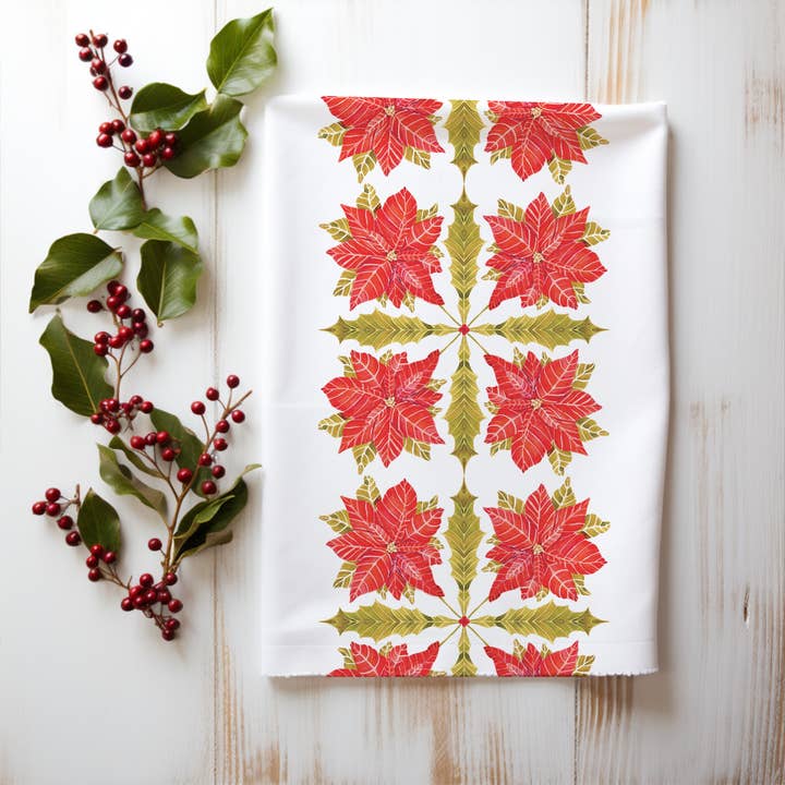 Torchon en lin biologique Poinsettia Diamond Stripe pour la vente par Sarah Rose