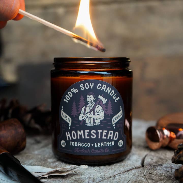 Ambush Candle Co. – wholesale Jar/filled candle – Homestead | Tobacco + Leather 8oz Soy Candle2