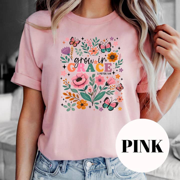 Grow in Grace Shirt, 2 Peter 3:18 Sublimation Tee, Floral Christian Graphic Tee, Butterfly Faith Shirt, Vintage Faded Print, Gift for Women for wholesale by Epic Life - Designed