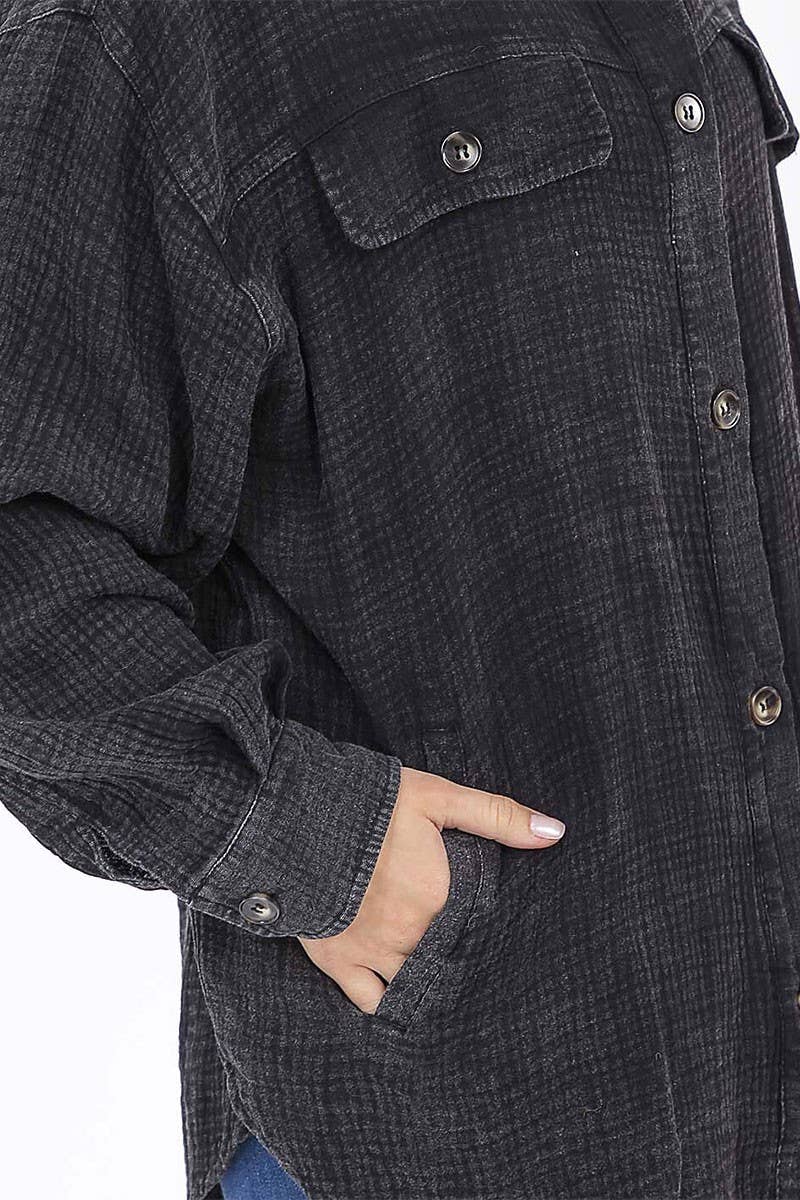 ROUSSEAU - Wholesale Button Down Shirt - Women's - BUTTON UP FRONT POCKETS WASHED OVERSIZED SHIRT7