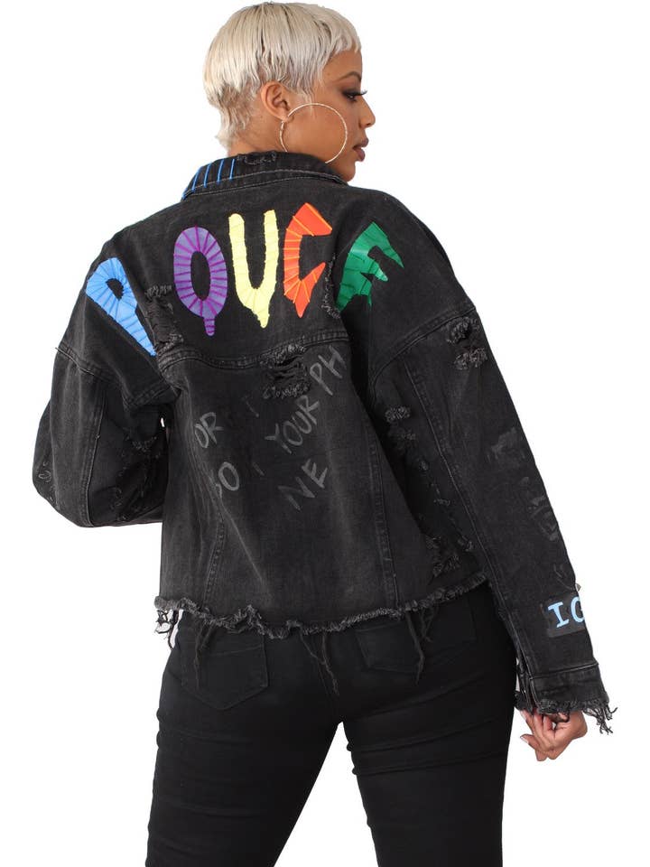 For Her NYC - Wholesale Denim Jacket - Women's - 81723P Denim graffiti ripped jacket plus size