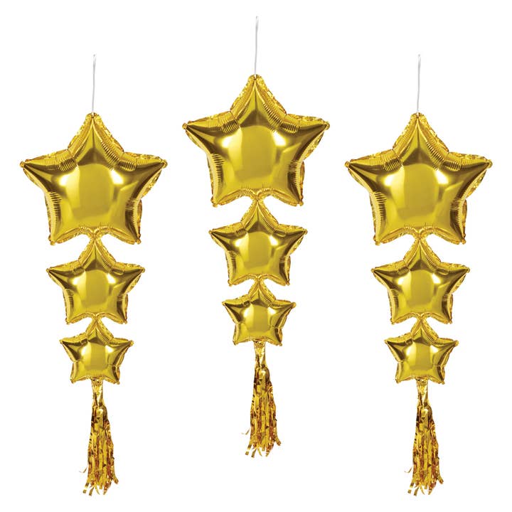 Gold Star Balloons w/Tassels, 3' 9", 3 per package for wholesale by Beistle