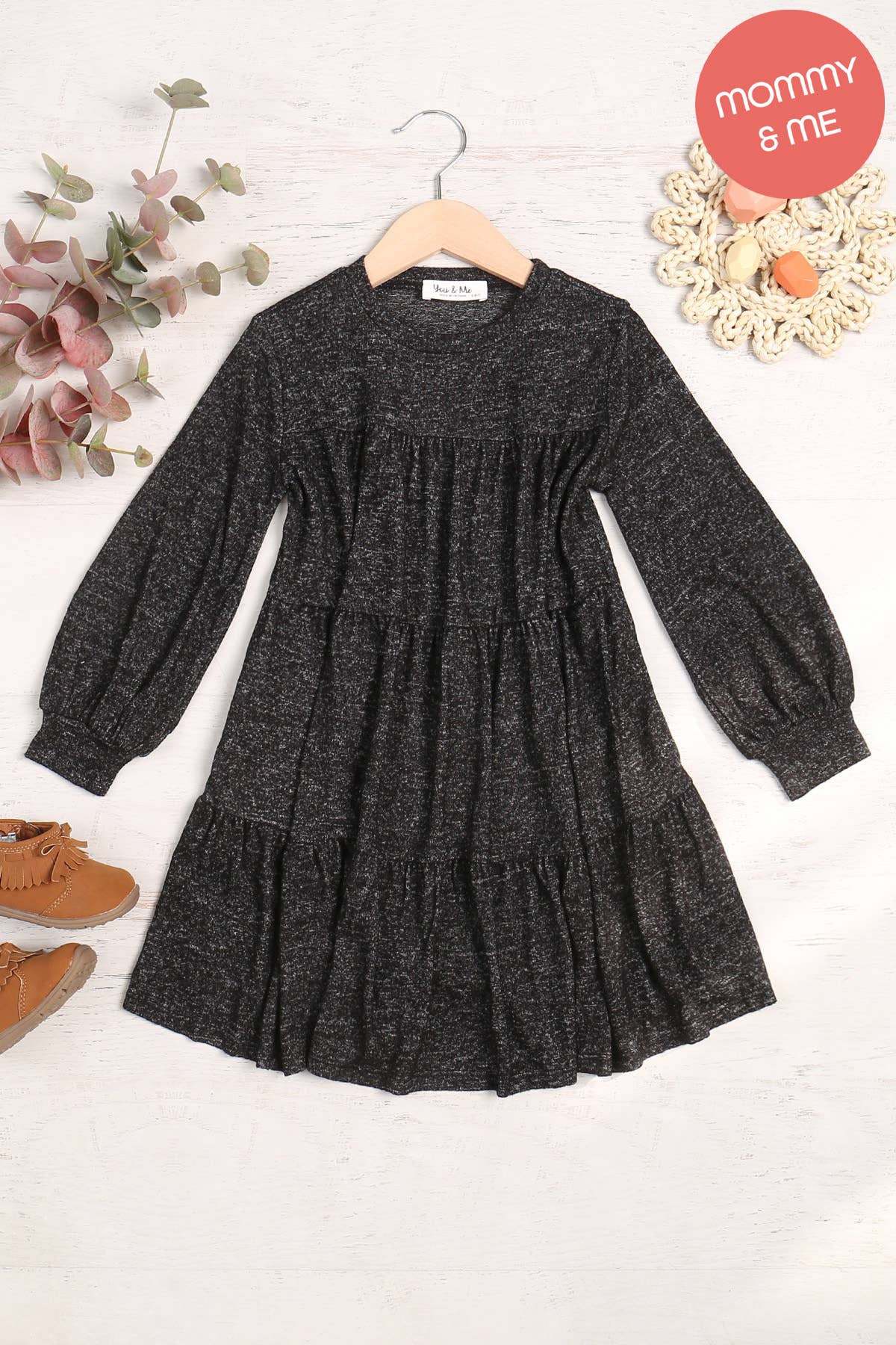 You & Me - Wholesale Dress - Kids - YMD10064TKV-KIDS PUFF LONG SLEEVE TIERED HACCI BRUSHED DRESS9