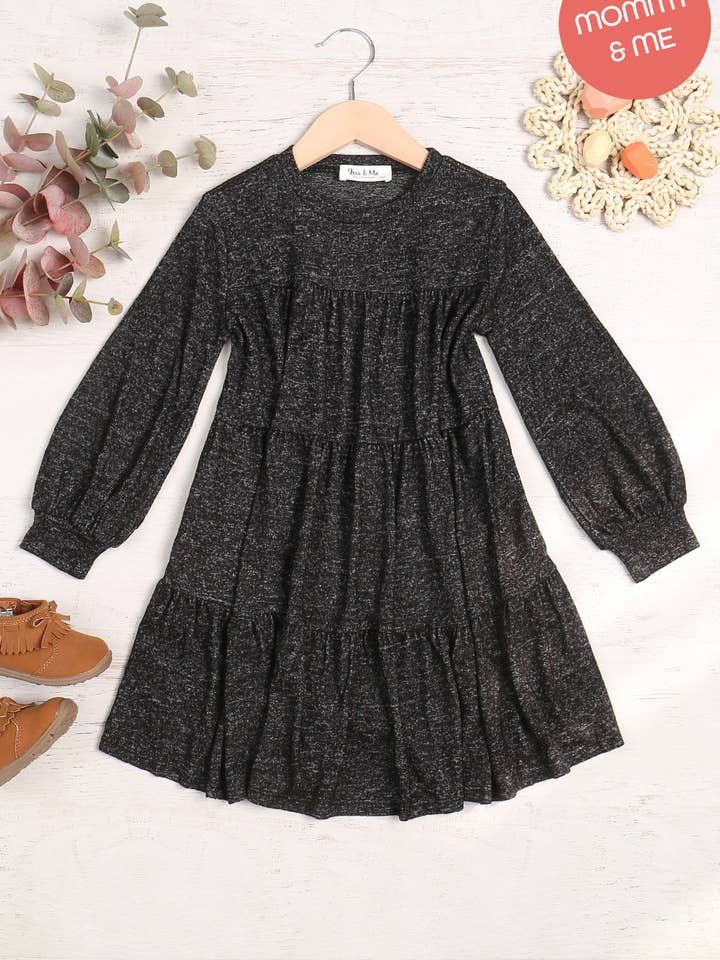 YMD10064TKV-KIDS PUFF LONG SLEEVE TIERED HACCI BRUSHED DRESS for wholesale by You & Me