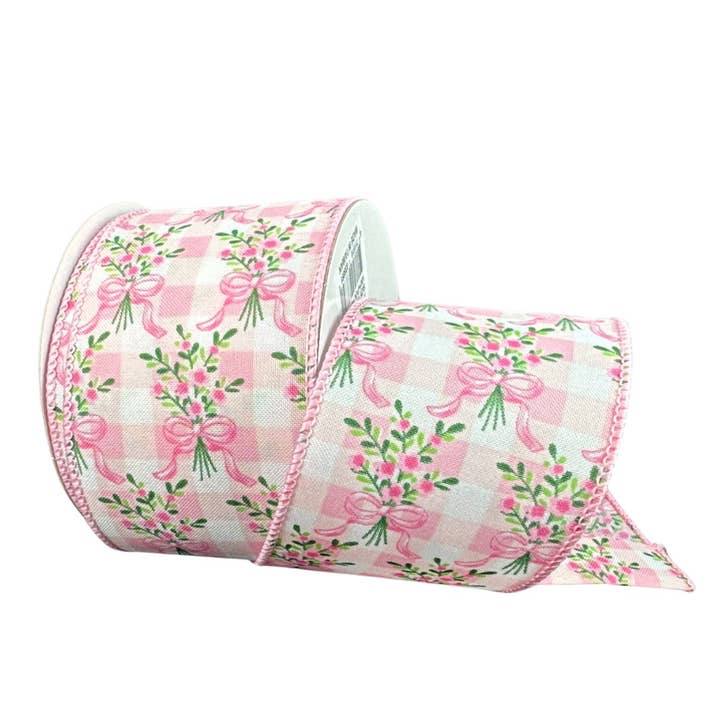 Witte Satijn Roze Geruite Boeketrand Lint 2,5″ x 10 Yards 42671-40-26 voor wholesale door Trendy tree