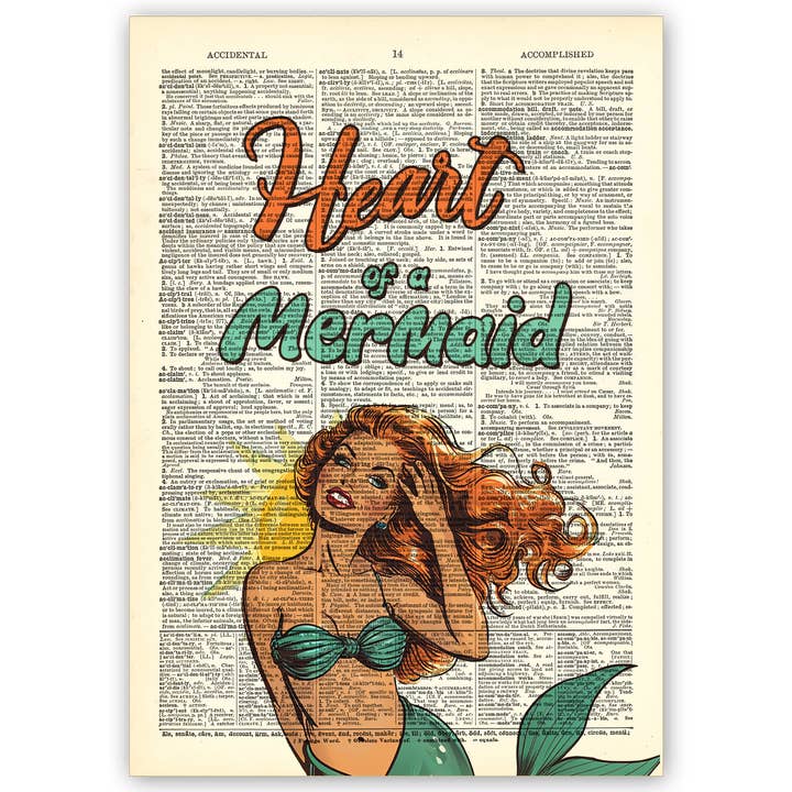 Page de dictionnaire d'art imprimé | Cœur de sirène pour la vente par Vintage Dictionary Art