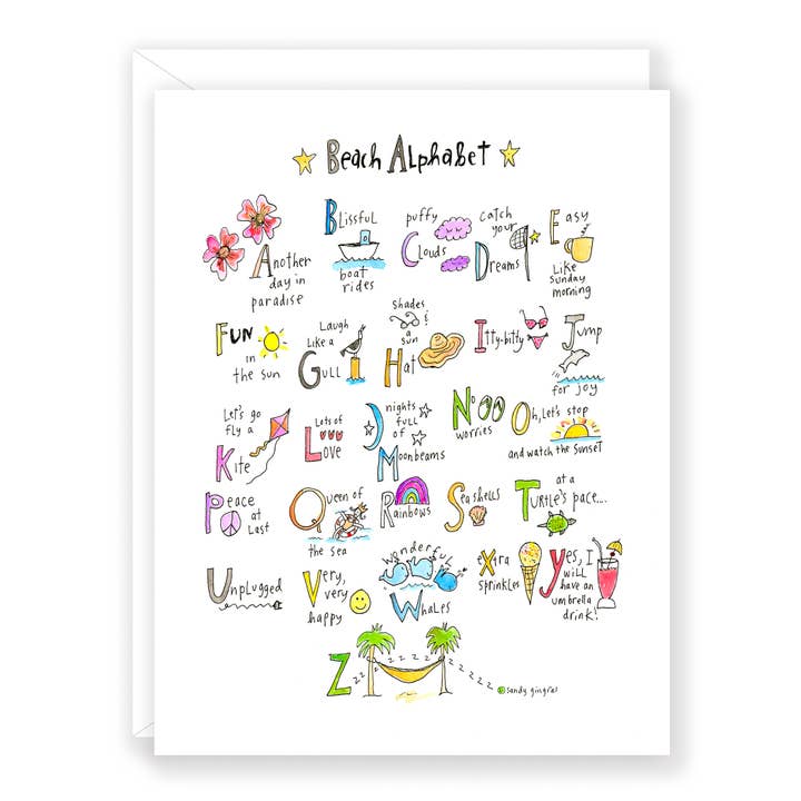 'Beach Alphabet' greeting card by Sandy Gingras for wholesale by Sweet Gumball Inc.