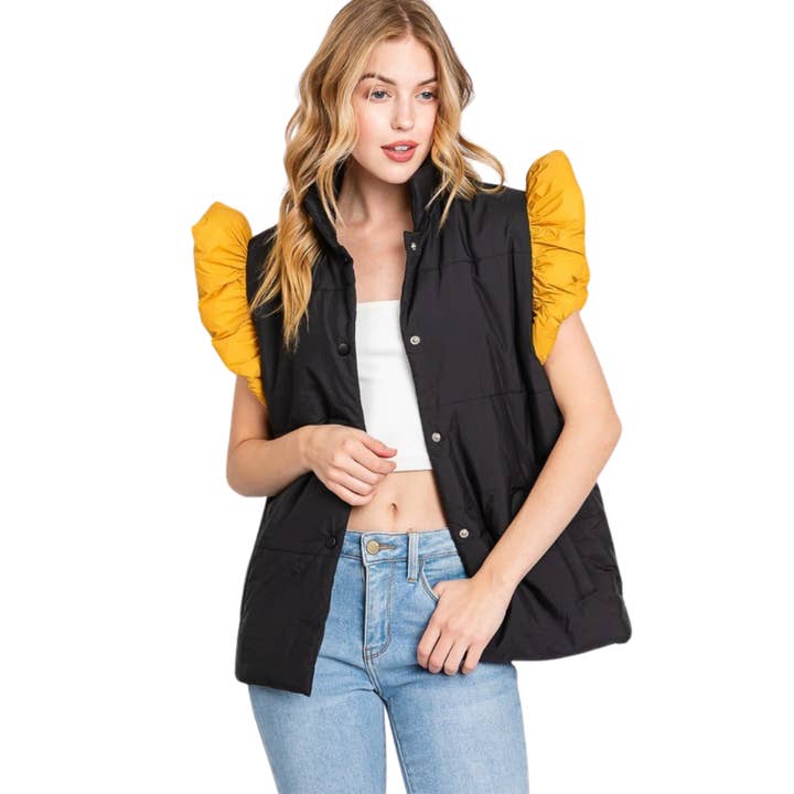 Black and Gold Game Day Ruffle Sleeve Puffer Vest (Each) for wholesale by Plush Appeal LLC