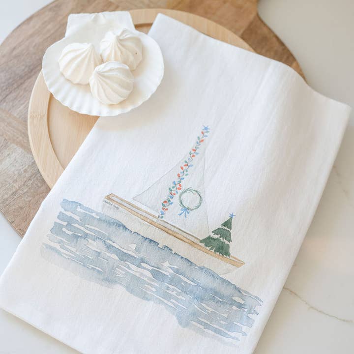 Coastal Holiday Watercolor Flotilla Tea Towel for wholesale by Printed Hues