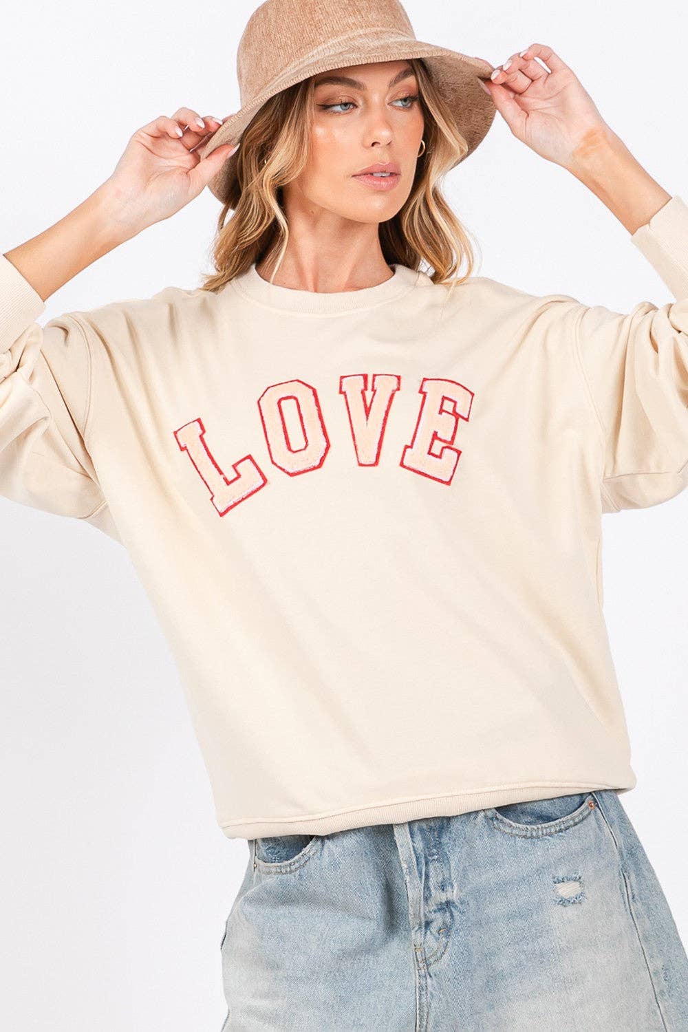 Ivory SAGE + FIG LOVE Path Applique Drop Shoulder Sweatshirt for wholesale on Faire0