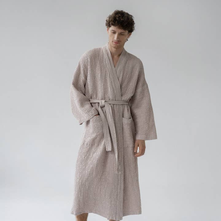 Powder Linen & Cotton Honeycomb Waffle Bathrobe for wholesale by Linen Tales (We cover U.S. import duties)