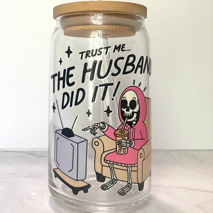 Andy Made - Wholesale Drinking Glass/Cup - The Husband Did It Glass Can Cup with Bamboo Lid and Straw1