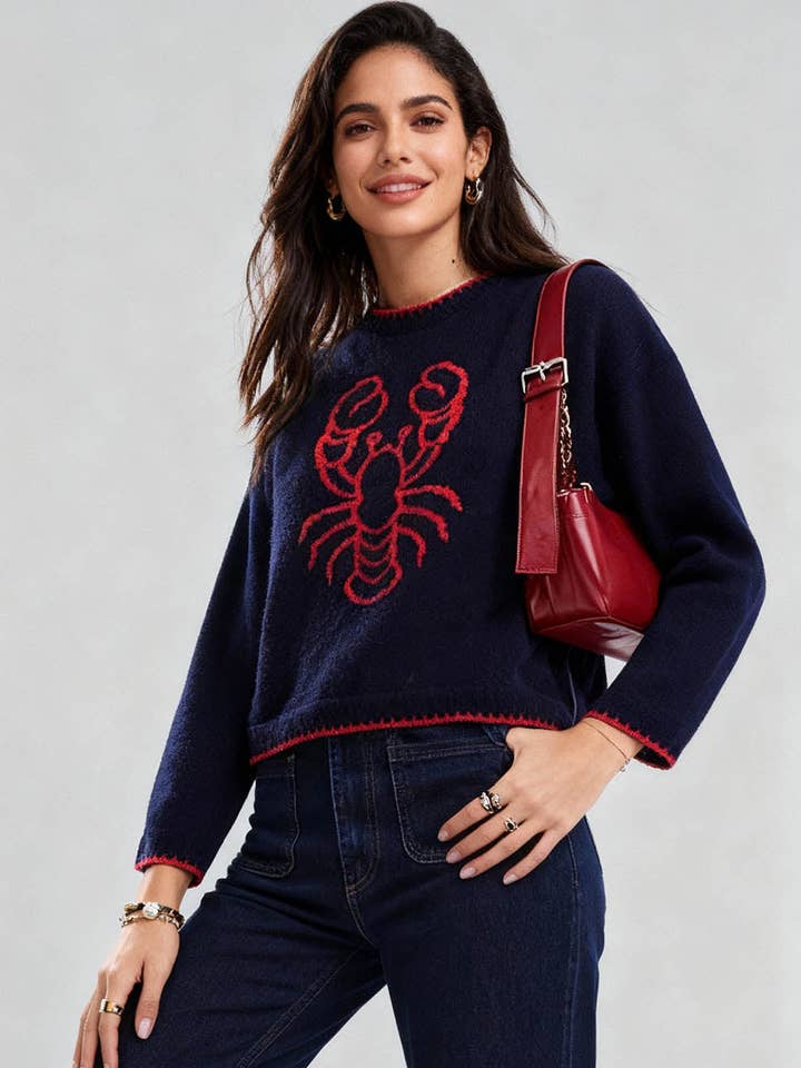Pull à col rond graphique crabe à blocs de couleur pour femmes pour la vente par Sweetkama