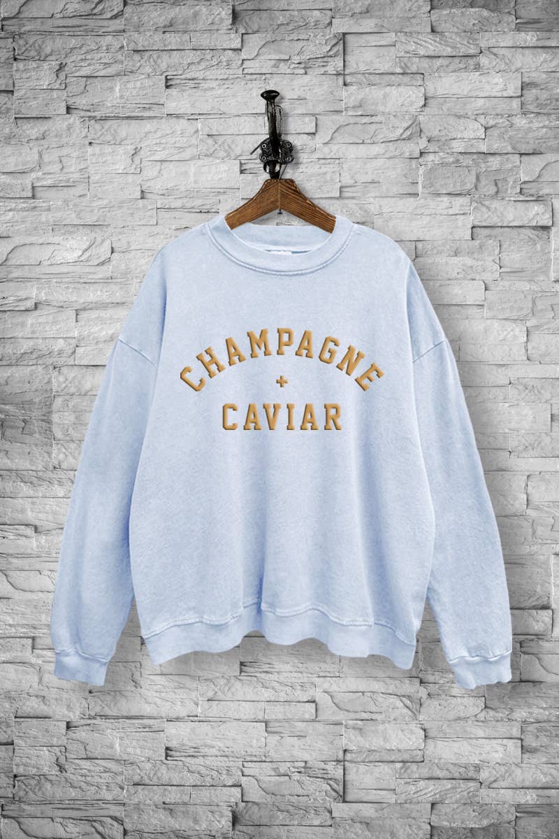 VINTAGE POINT USA – Engroshandel Grafisk Sweatshirt - Dame – "CHAMPAGNE & CAVIAR" GRAFISK MINERALVASKET SWEATSHIRT2