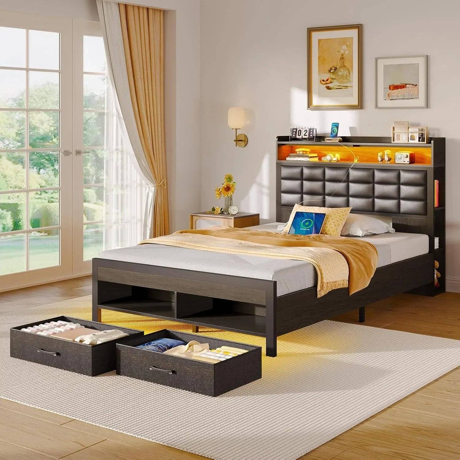 American Smart - Wholesale Bed - Bed Frame with Storage Headboard & 2 Drawers,Upholstered Platform Bed with Charging Station & LED Light,Heavy Duty Frame Support7