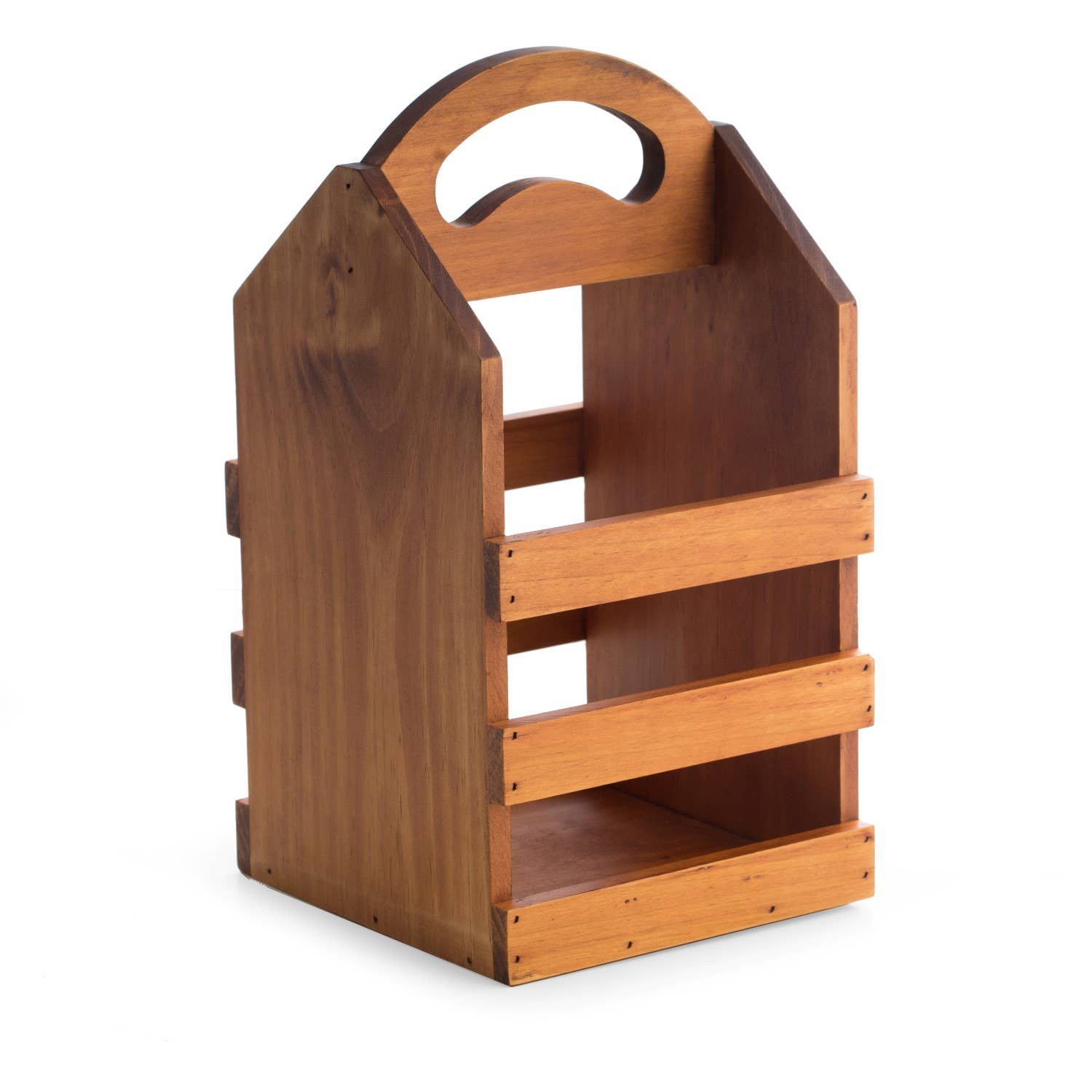 Brown Massivholz Vier-Flaschen-Caddy mit ergonomisch gebogenem Aufbau für den Großhandel auf Faire0