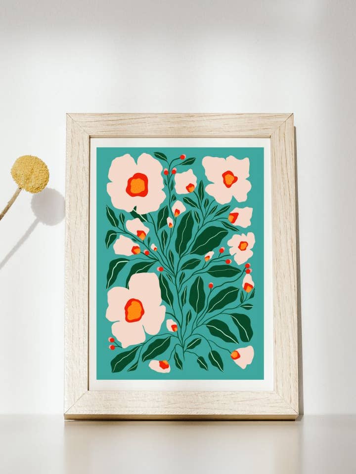 Vita blommiga blommor konsttryck för wholesale av Vivian Sofia Designs