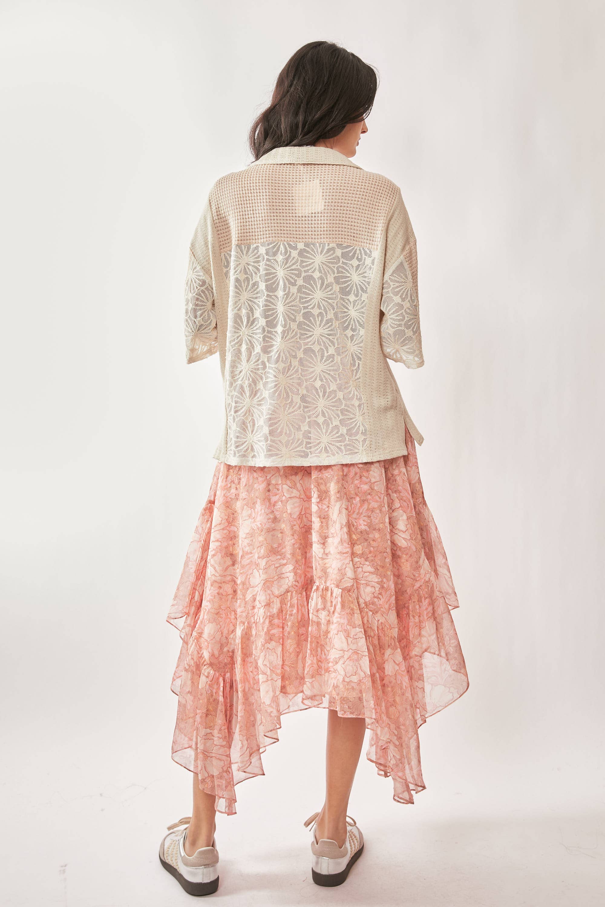 Cream Beige PLUS LACE MIXTURE COLLAR NECK SHORT SLEEVE TOP for wholesale on Faire8