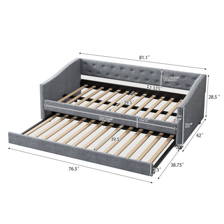 Orange County Decor - Wholesale Sofa - Full Size Daybed With Twin Size Trundle Upholstered Tufted Sofa Bed, With Button On Back And Copper Nail On Waved Shape Arms Dark Grey Full Dark Grey Wood Fabric6