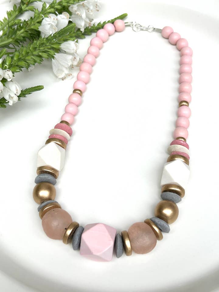 Mid length pink statement necklace with chunky beads for wholesale by April Mae Designs