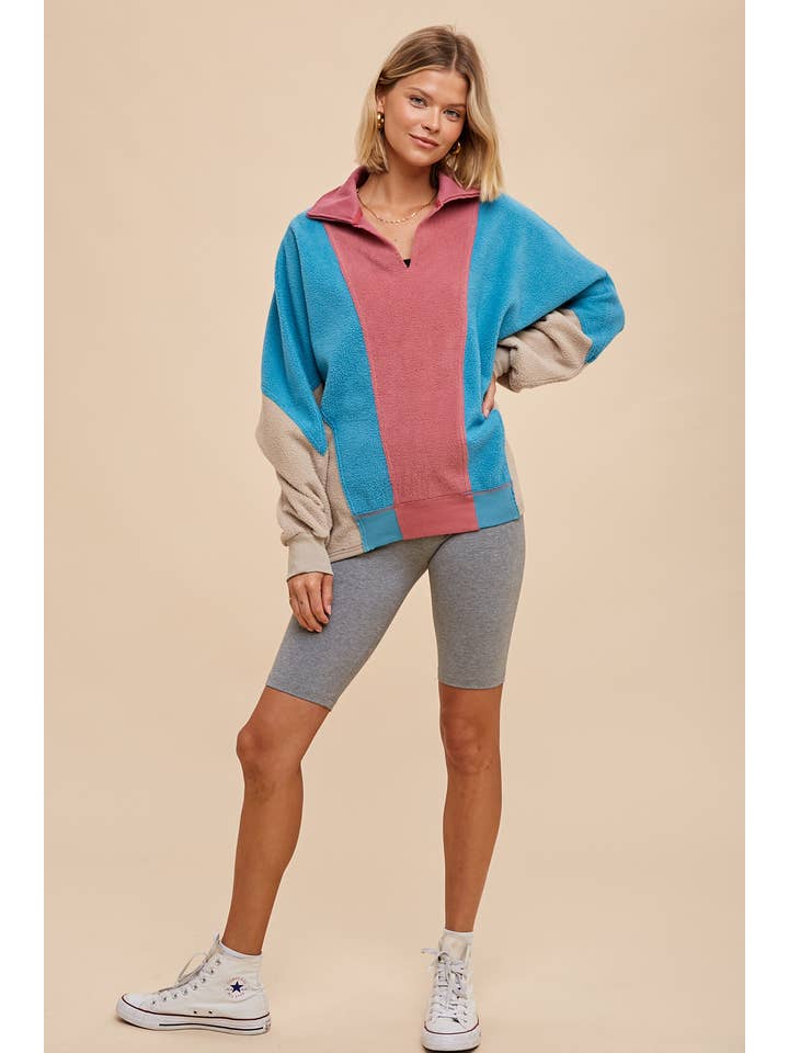 TAUPE MULTI COLOR BLOCK PANELED FLEECE PULLOVER for wholesale on Faire