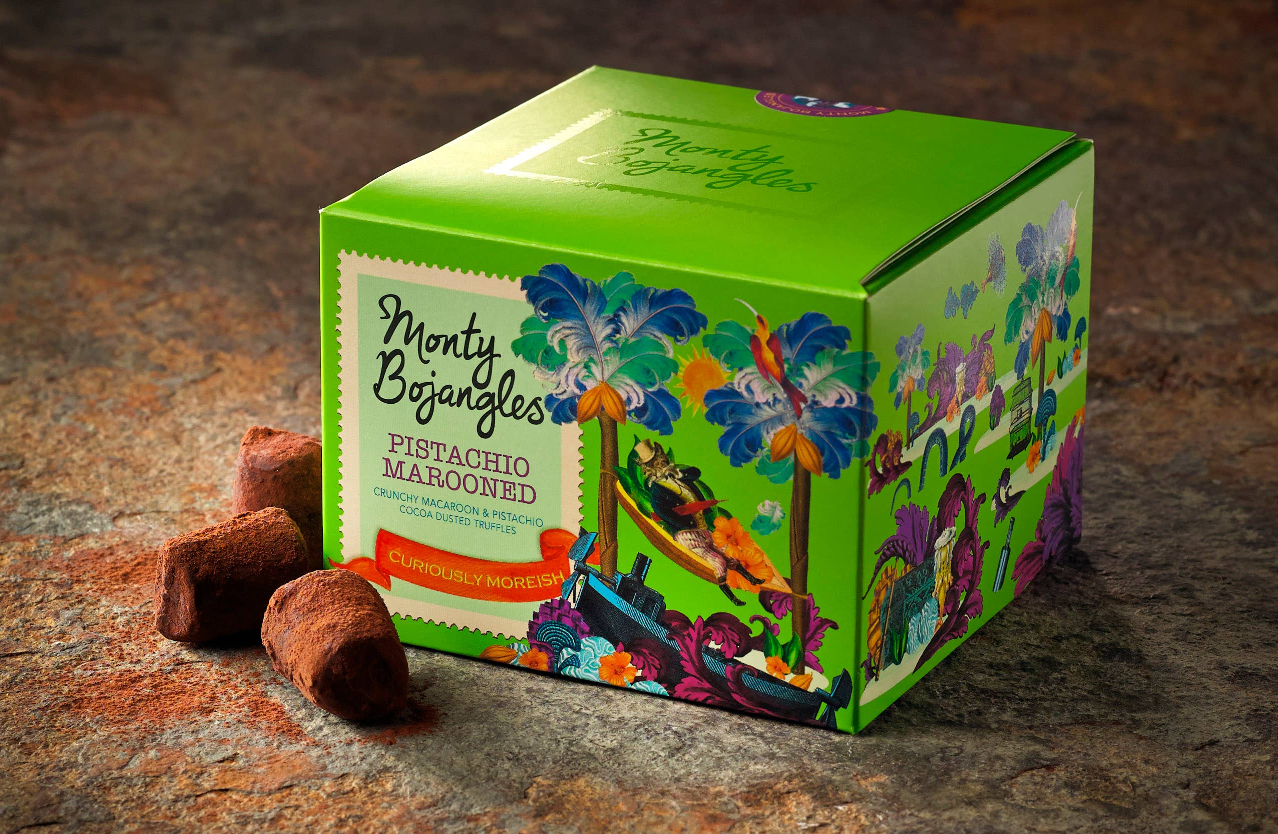 Monty Bojangles – wholesale Chocolate-covered sweets – Monty Bojangles Pistachio Marooned Cocoa Dusted Truffles2