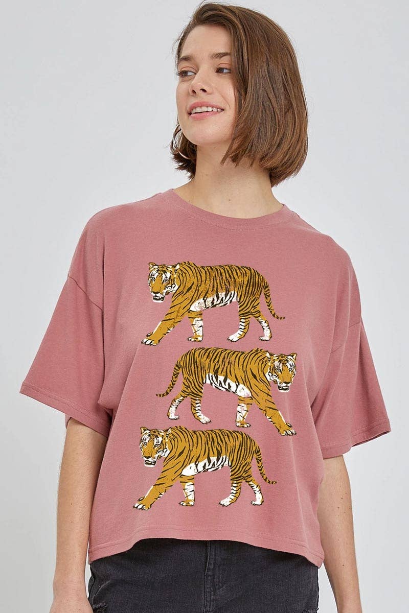 COLORBEAR - Venta al por mayor Camiseta estampada - Mujer - Top corto relajado gráfico de tigres retro5