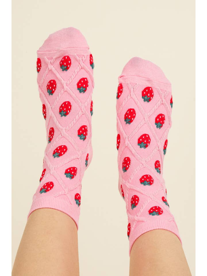 VERY J - Wholesale Socks - Women's - SC10040C-Strawberry Printed Textured Crew Socks