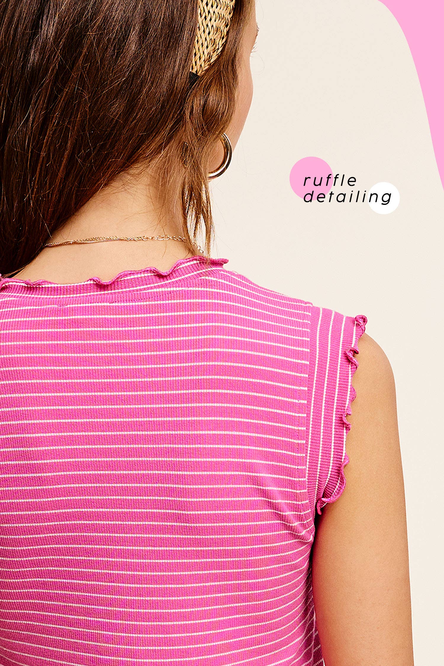 La Miel – wholesale Tank top – Women′s – HCT7692-Stretchy Brushed Ruffle Sleeve Stripe Tank Top6