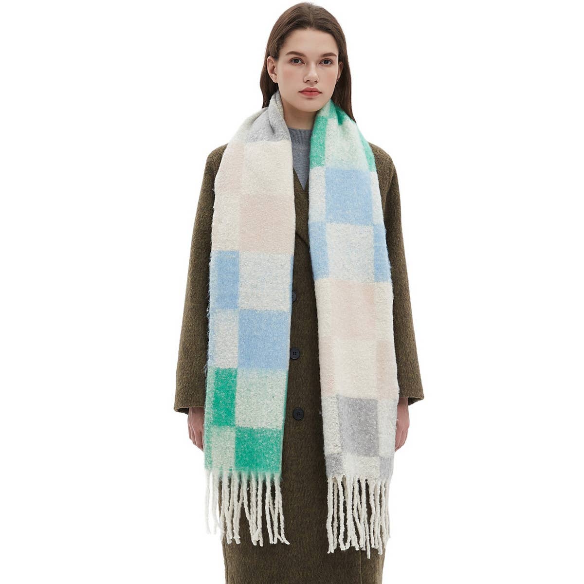 ACCITY - Wholesale Scarf - Women's - Tassel Circle Yarn Checkered Scarf for Fall/Winter_CWASC12806
