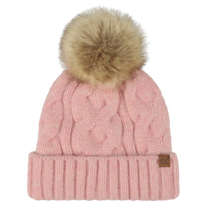 Hana - Wholesale Beanie - Women's - C.C Solid Big Cable Pattern Knit Cuff Pom Beanie3