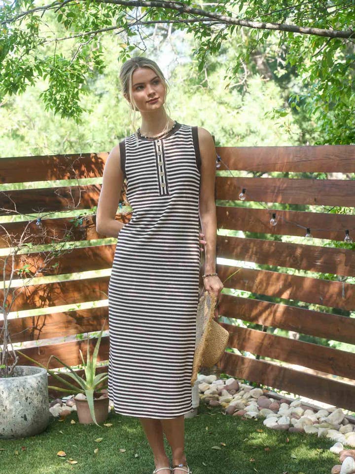 STRIPE HENLEY TANK KNIT MIDI DRESS for wholesale by Blu Pepper