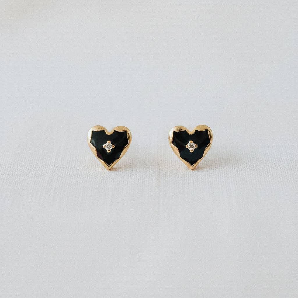 Ellemadera - Wholesale Stud/Post Earrings - Black Drip Glaze Heart Drop Earrings
