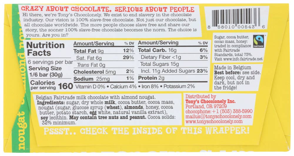 KeHE Distributors, LLC - Wholesale Chocolate Bar - Tony's Chocolonely Bar Chocolate Milk Honey Almond 6.35 oz1