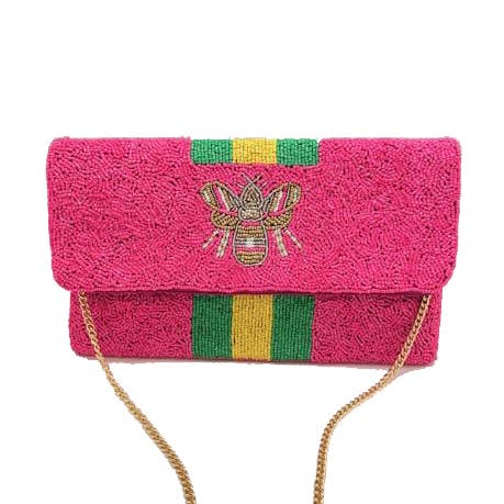 FUCHSIA BEADED BEE CLUTCH W/ GREEN & YELLOW STRIPE for wholesale by Pizzazz, Inc.