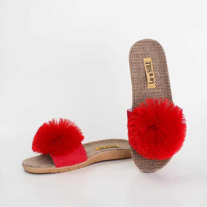 La-a SOLE - Vente Claquettes – femme - Slides Pom Pom – Rouge | Sandales d'été à enfiler pour femmes1