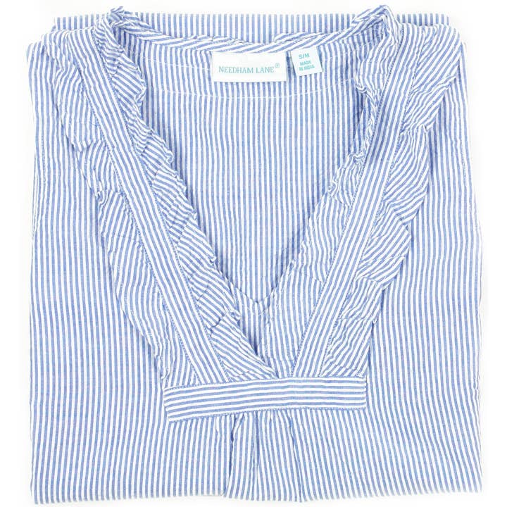 Needham Lane - Wholesale Nightshirt - Women's - Blue Seersucker ~ Long Sleeve Ruffled Nightshirt1