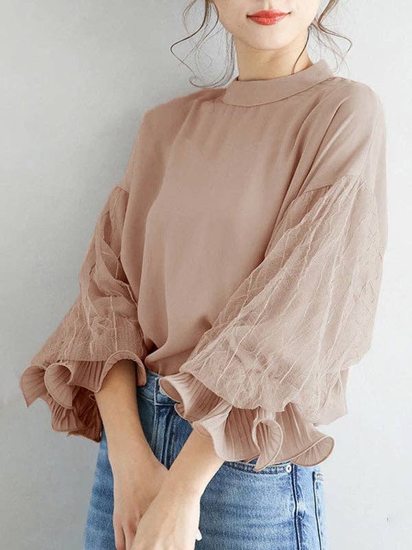 Sheer Trend - Wholesale Blouse - Dames - Eenvoudig hemd van chiffon met pofmouwen en gaassplitsende kleur10