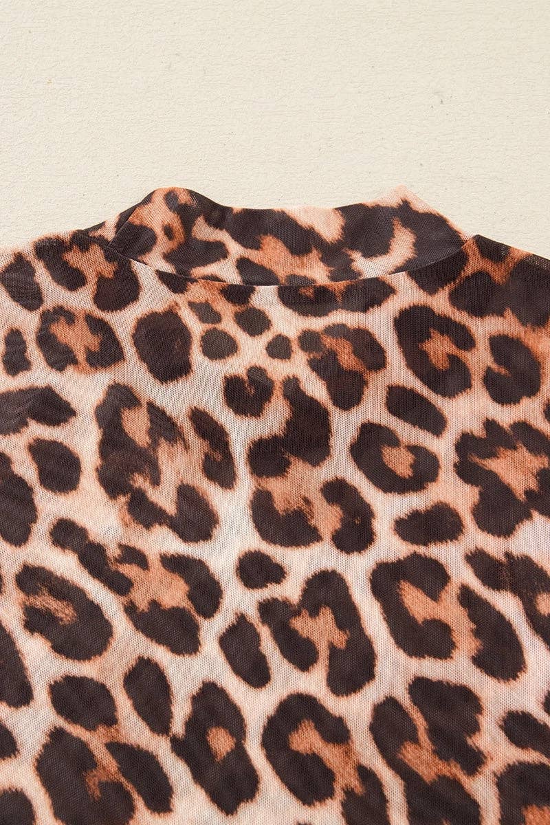 BROWN Leopard Print Mock Neck Mesh Top for wholesale on Faire4