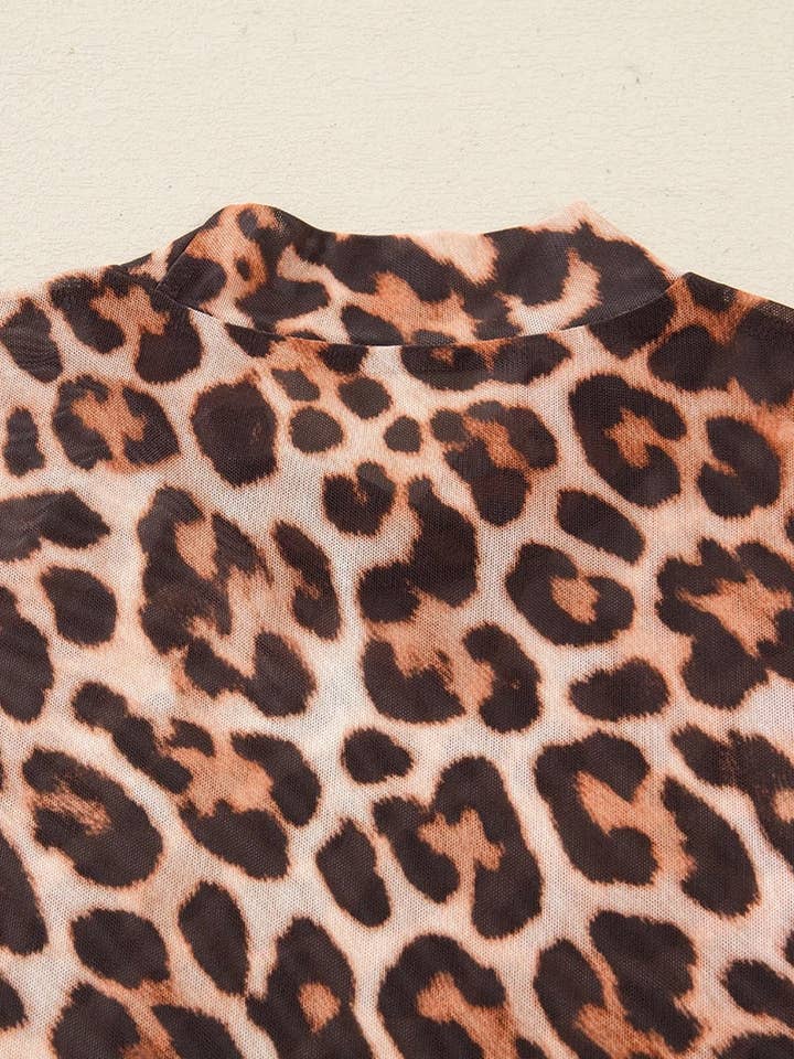 BROWN Leopard Print Mock Neck Mesh Top for wholesale on Faire4