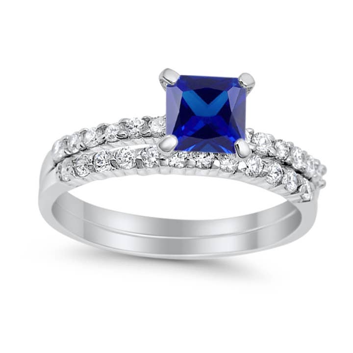 Wedding Ring Bridal Princess Cut Simulated Blue Sapphire CZ for wholesale by Blue Apple Imports