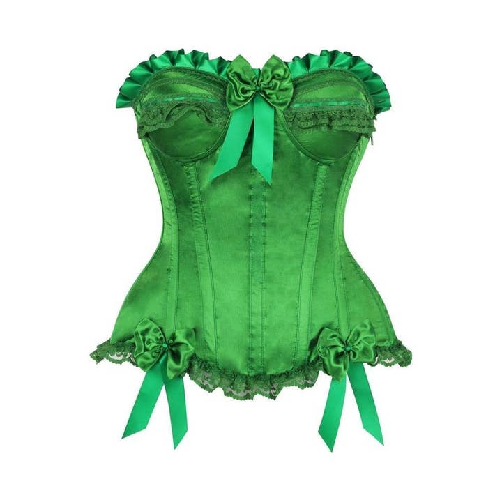 Oberste Schublade Grünes Satin Stahlkorsett im Burlesque-Stil für den Großhandel von Daisy Corsets