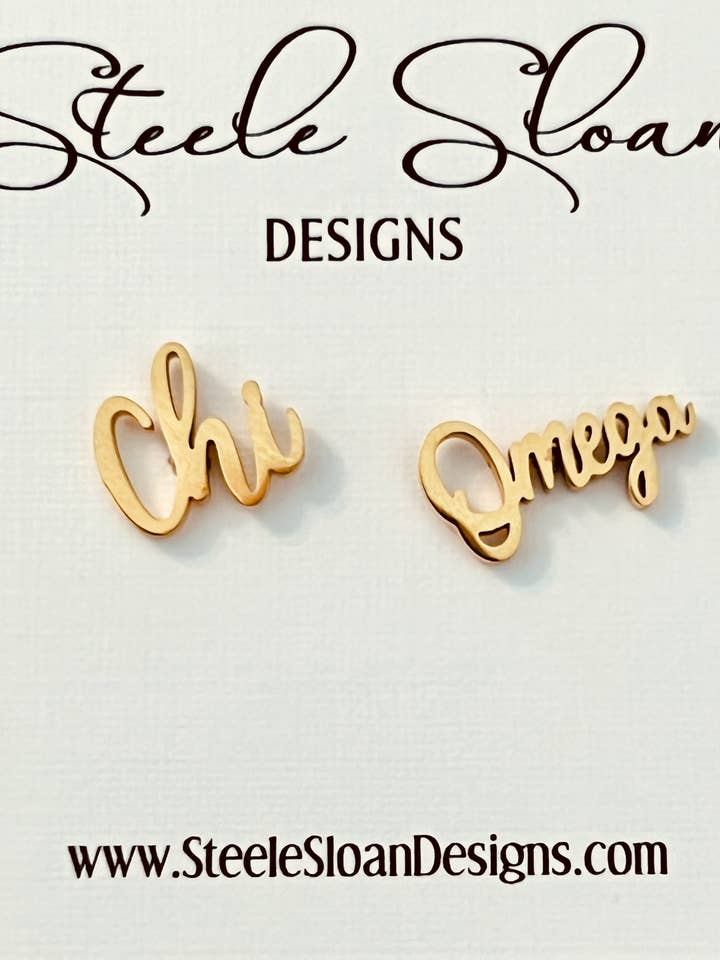 Chi Omega Sorority Gold Stud Earrings - PERFECT Bid Day Gift for wholesale by Steele Sloan Designs