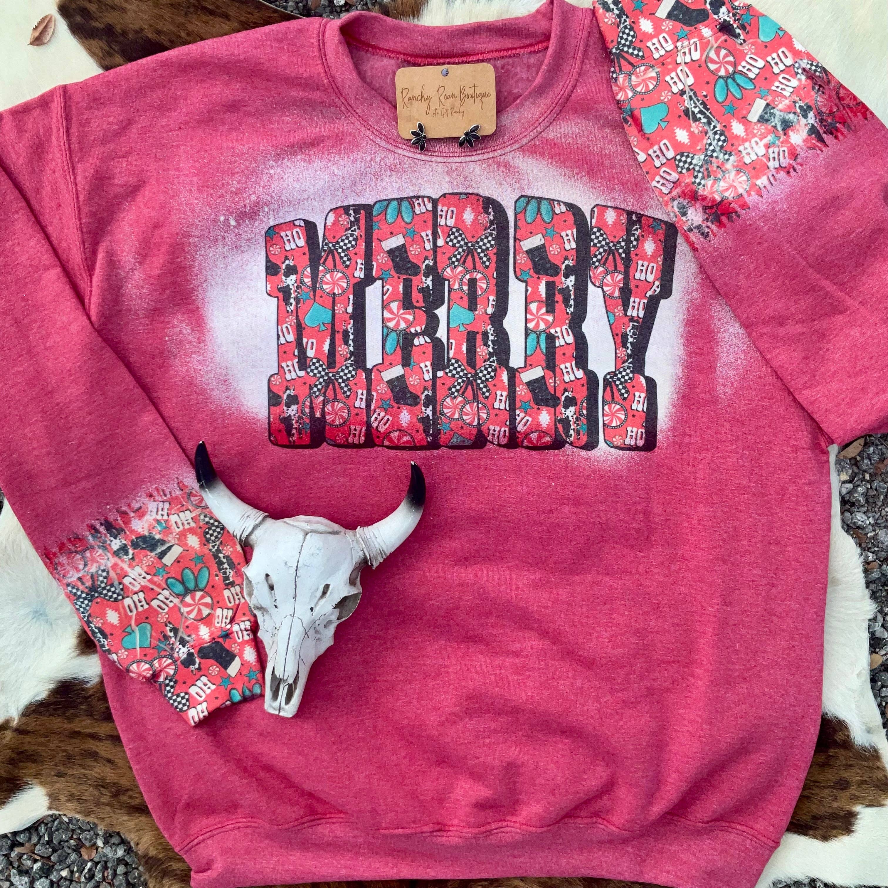 Ranchy Roan Boutique - Wholesale Graphic Sweatshirt - Women's - Merry & Ranchy Christmas Bleached Western Sweatshirt1