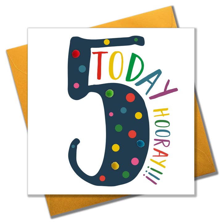 Geburtstagskarte, 5 Jahre - Blau, 5 Today, Hurra!!! , verziert mit Pompons für den Großhandel von Claire Giles Ltd