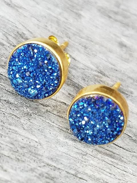 Gold Druzy Quartz Studs Earrings 9MM - Blue for wholesale by Sosie Designs