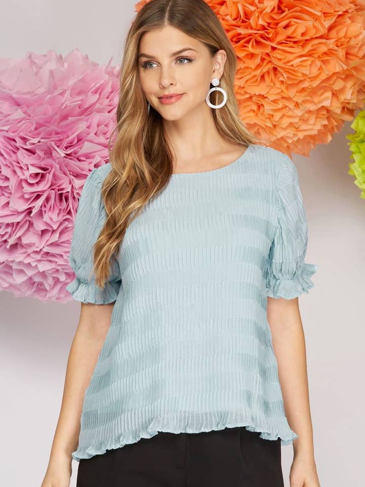 PUFF SLEEVES PLEATED WOVEN TOP-SKSY4170 for wholesale by Stylish Wholesale