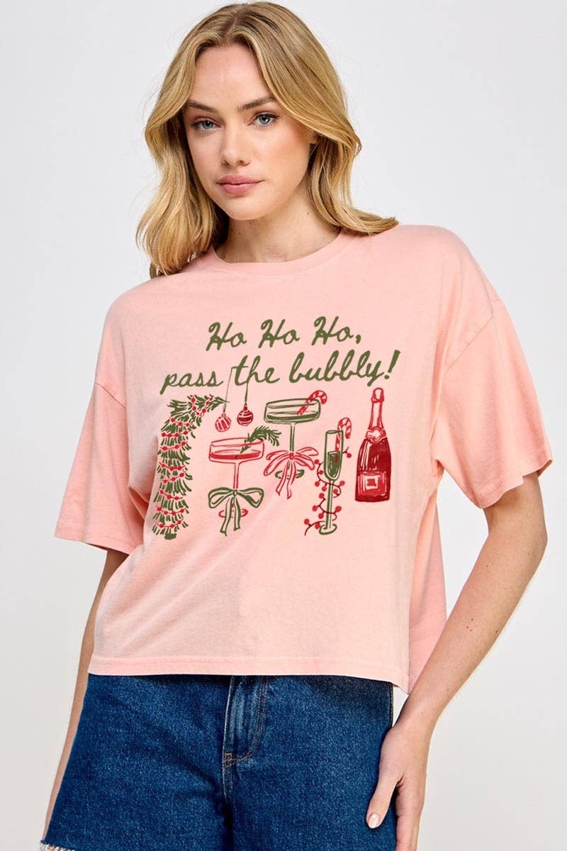 Pink Irene Wholesale - Wholesale Shirt - Women's - Pass the Bubbly Christmas Graphic Relaxed Crop Top2